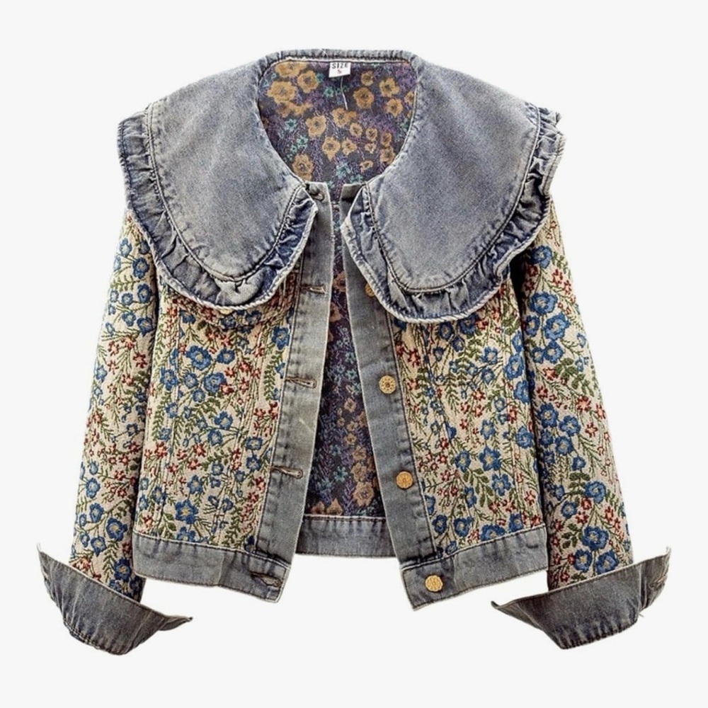 Floral Denim Jacket with Ruffled Collar